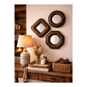Vintage 3 Rattan Vintage Galley Mirrors 10” Dark Brown Coastal Beach Boho
